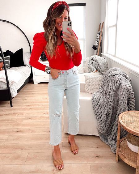 In a small puff sleeve bodysuit, size 28 Levi’s jeans, headband & block heels for Valentine’s Day / spring from Amazon - all fits TTS.

#LTKunder50 #LTKSeasonal #LTKstyletip
