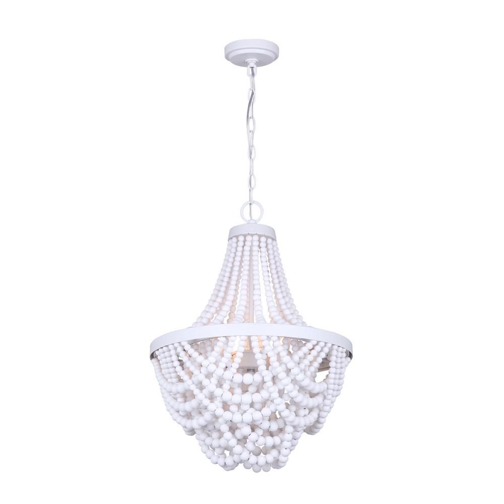 CANARM Amelia 3-Light Matte White Chandelier with Real Wood Beads | The Home Depot