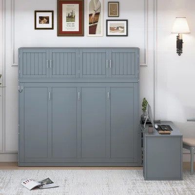 Queen Size Wall Murphy Bed with Desk and Storage Shelves and Big Cabinets, Gray | Wayfair North America