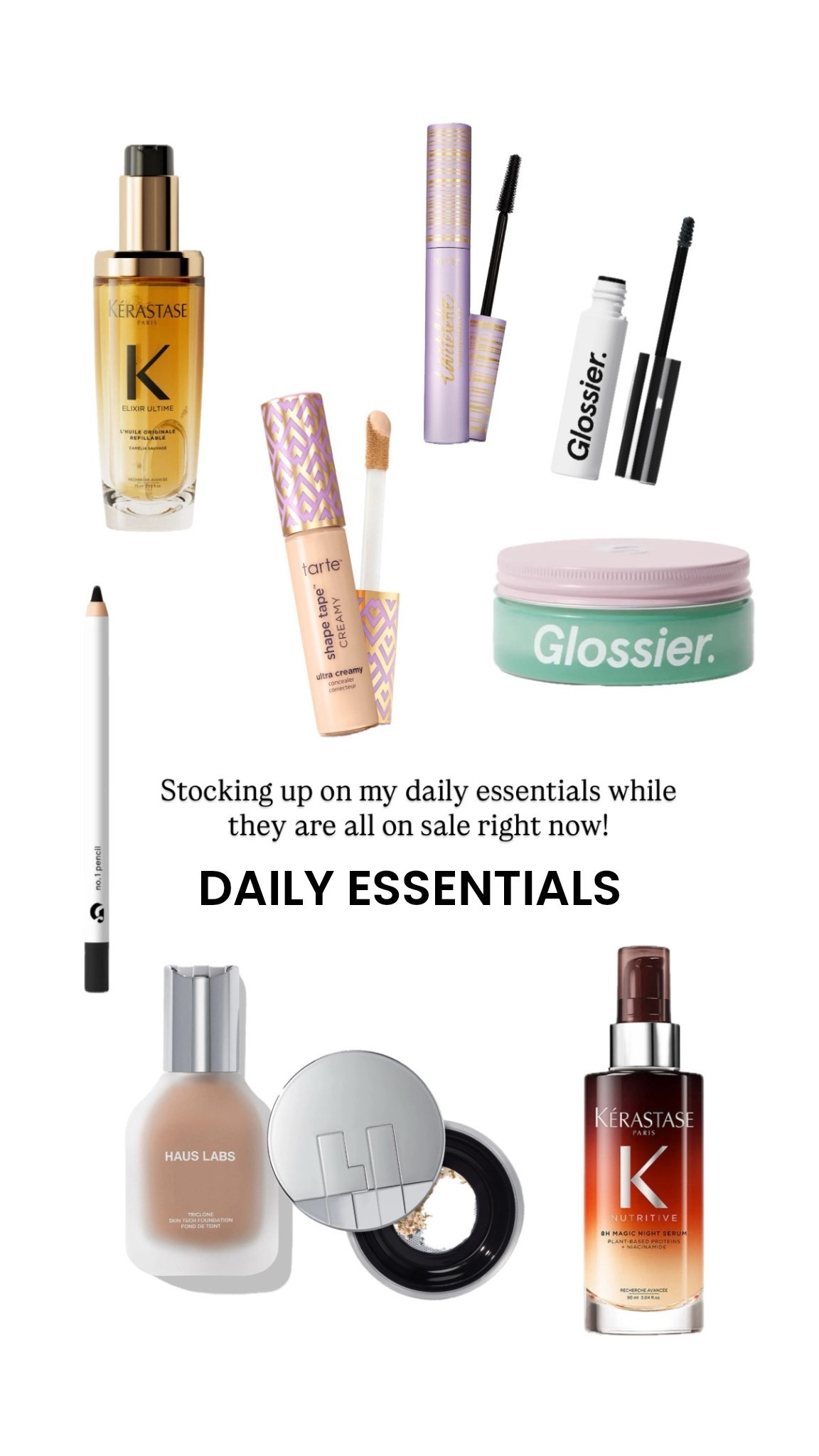 • Cannot live without my Kerastase hair oil and night serum!
• My favorite under eye corrector and mascara from Tarte
• Boy brow, eyeliner and heavy moisturizer from Glossier
• There’s a reason this is the  #1 foundation!  I’ve been using it for a few years and it’s superior! And I love the translucent powder from Huas Labs