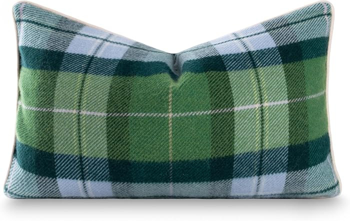 Hofdeco Premium Wool Coastal Tartan Lumbar Pillow Cover, 12x20, Green Blue | Amazon (US)