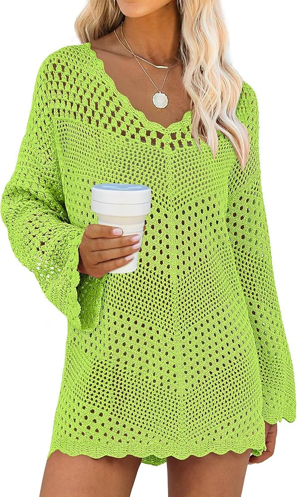 ANRABESS Swimsuit Cover Up for Women Crochet Bathing Suit Summer Swimwear V Neck Mesh Knit Dress ... | Amazon (US)
