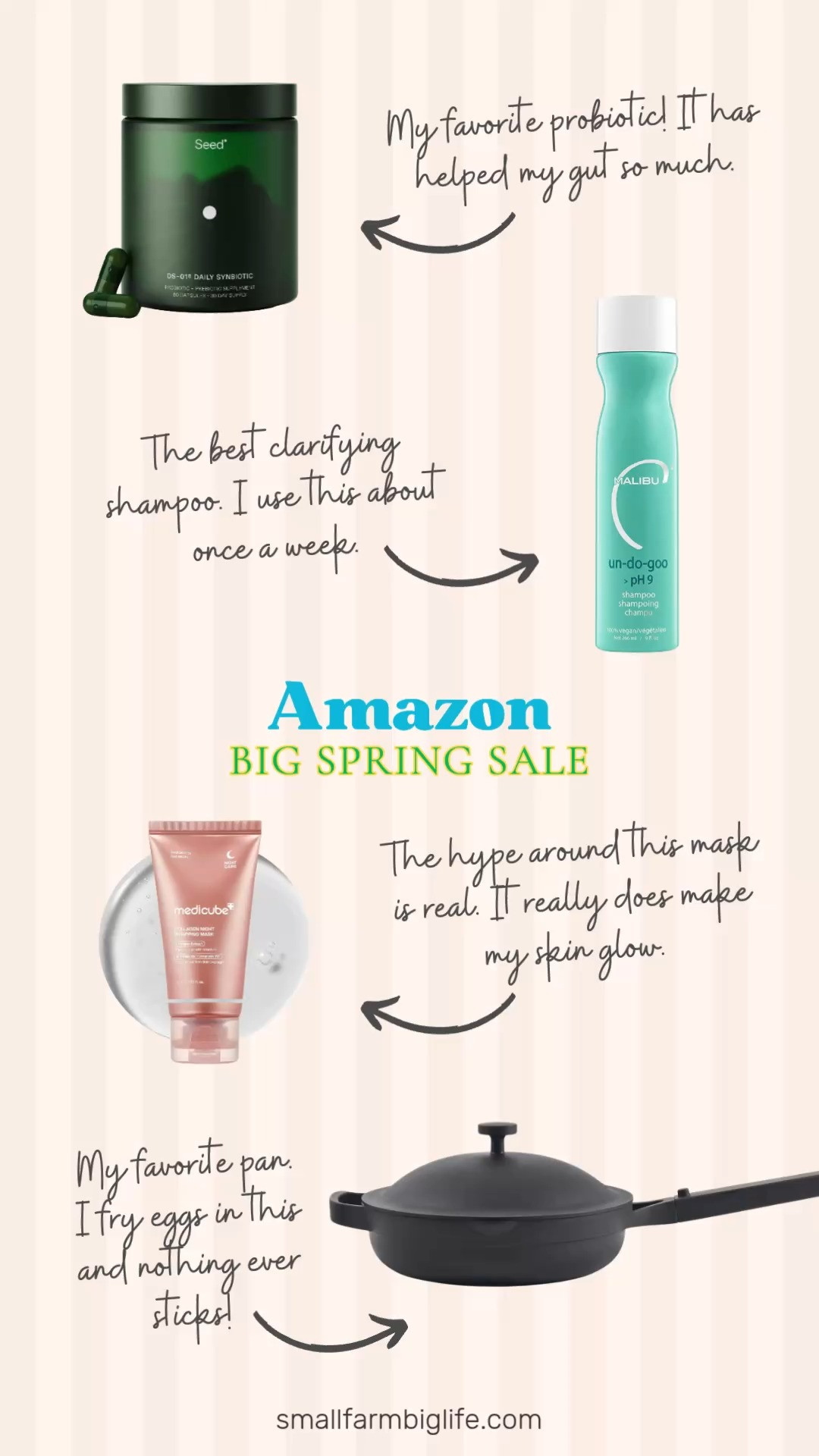 The Amazon Big Spring Sale is happening right now and I pulled together a few of my absolute favorite products that are on sale and worth every penny 🌿✨ First up is the Our Place Always Pan 2.0 which is my favorite pan in my entire kitchen! Nothing ever sticks to it and I use it all the time. The medicube Wrapping Mask Collagen Overnight Peel Off Facial Mask is one that completely lives up to the hype and my skin is always glowing the morning after I use it. The Seed DS-01 Daily Synbiotic is a probiotic I have been taking for years and it has genuinely made such a difference for my gut health. It rarely goes on sale so this is the time to grab it. And the Malibu C Un-Do-Goo Clarifying Shampoo is the one I reach for about once a week to keep my hair shiny and completely buildup free. These are all products I use and love and the sale ends March 31 so do not wait on these! Everything is linked! 🛒 

 #LTKdayinmylife #LTKOver40 #LTKSaleAlert