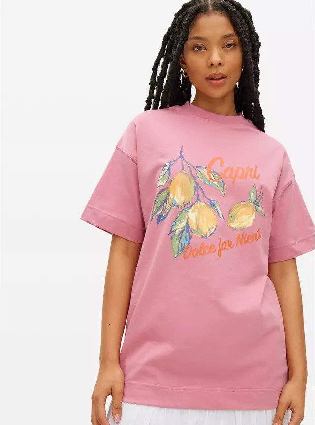 Pink Amalfi Lemon Print Graphic Oversized T-Shirt L | Tu Clothing