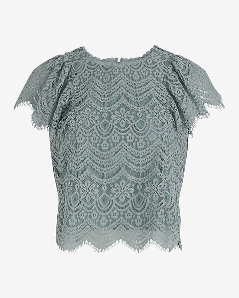 Lace Crew Neck Flutter Sleeve Top | Express