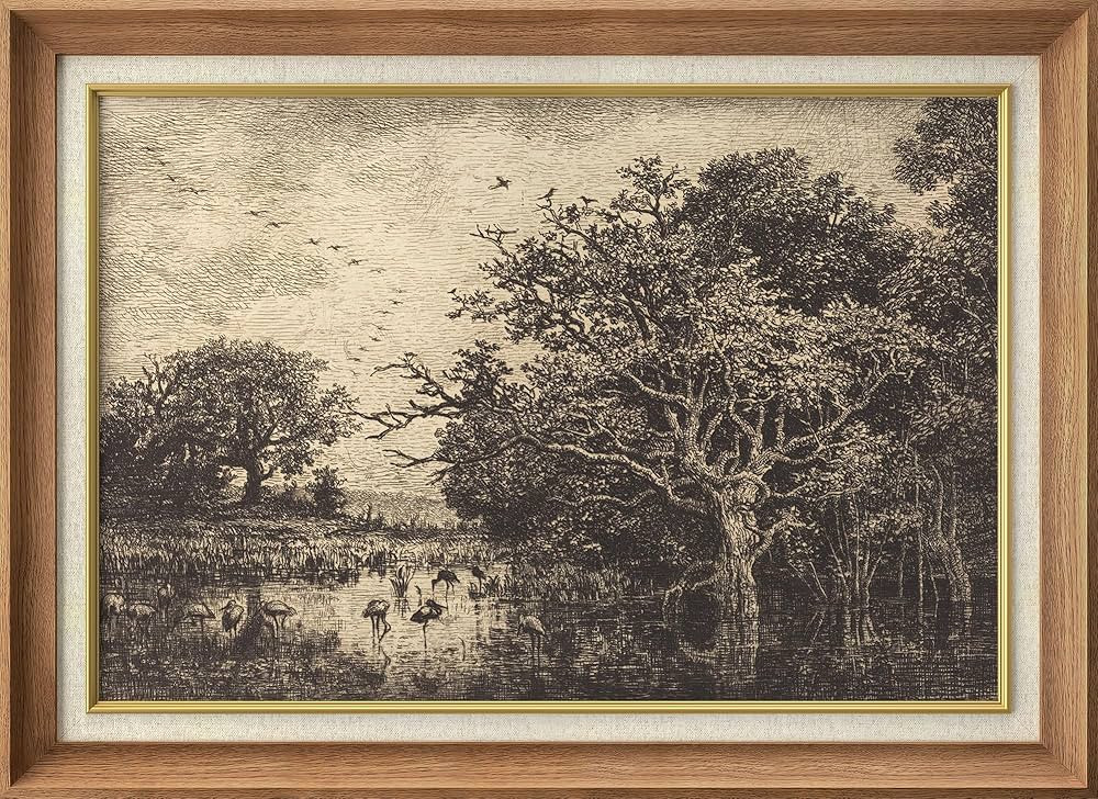 SIGNWIN Premium Frame Art Birds at Sunset Tranquil Pond Scene in Sepia Illustrations Fine Art Tra... | Amazon (US)