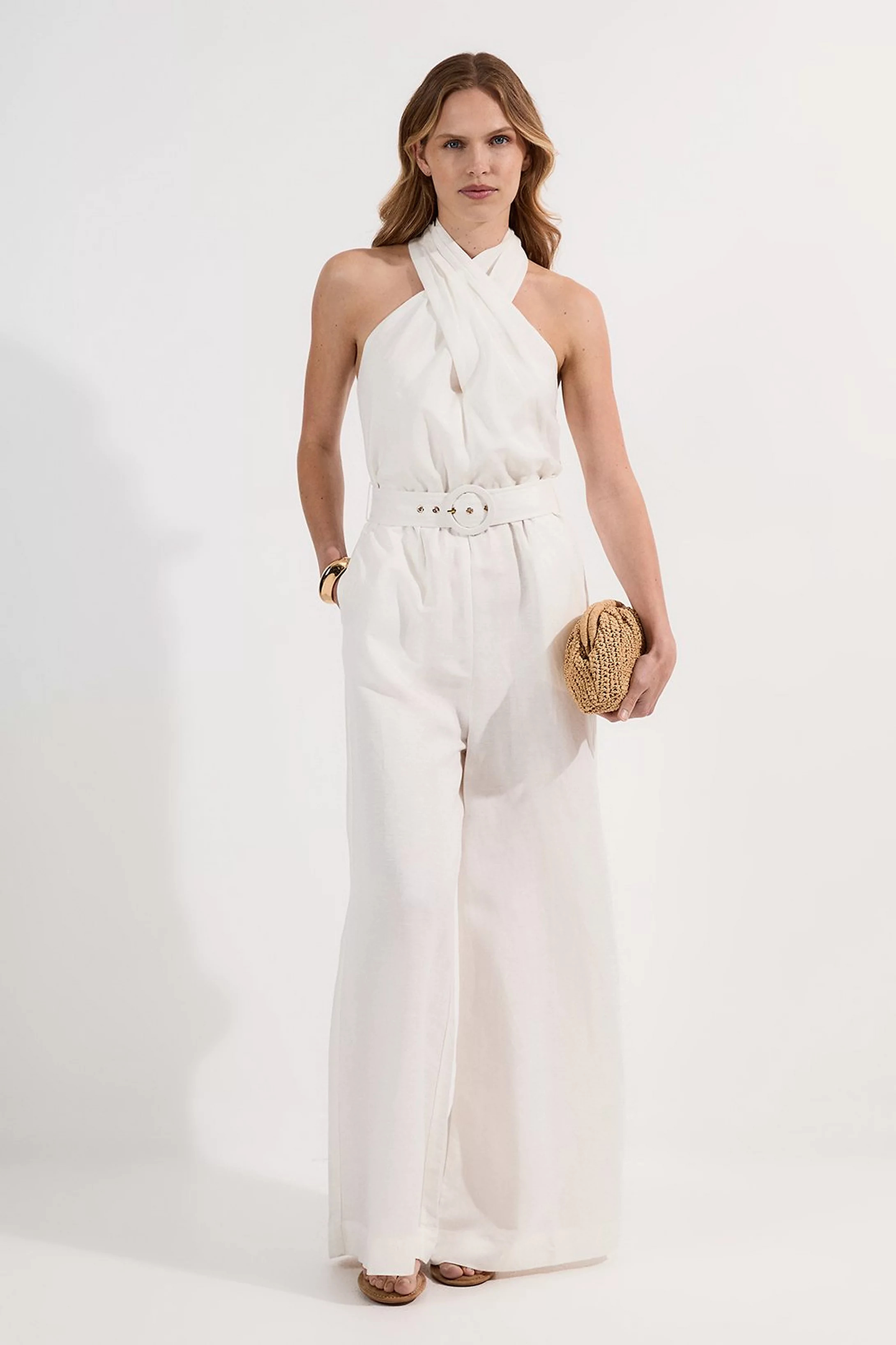 Petite Linen Viscose Cross Front Woven Belted Jumpsuit | Karen Millen UK + IE + DE + NL