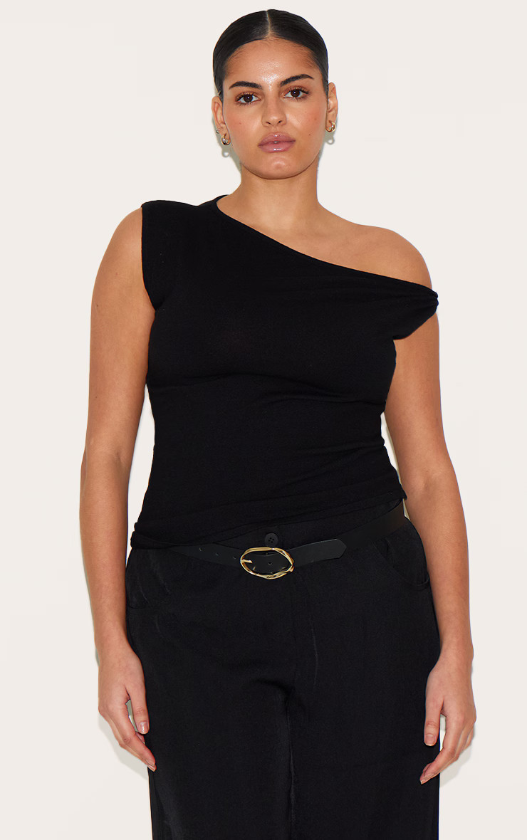 Plus Black Basic Knit Asymmetric Hem Twist Sleeve Vest Top | PrettyLittleThing US