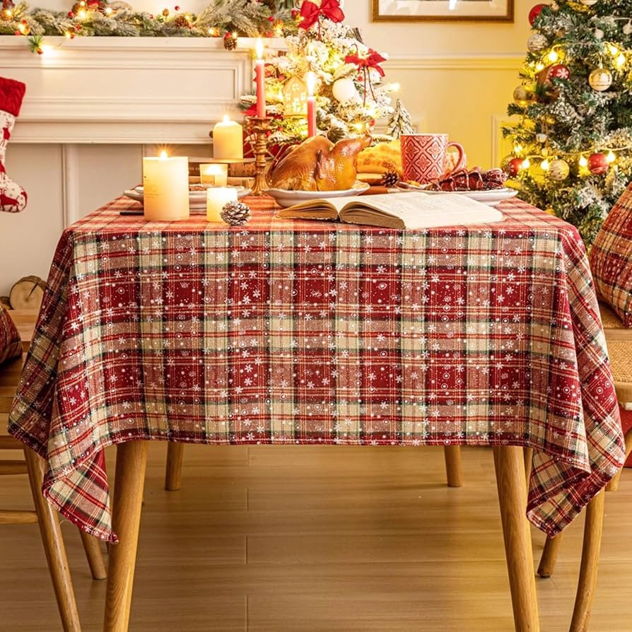 AQOTHES Red Plaid Snowflake Christmas Tablecloth 60x84, Tartan Table Cloth Decorations, Winter Ho... | Amazon (US)