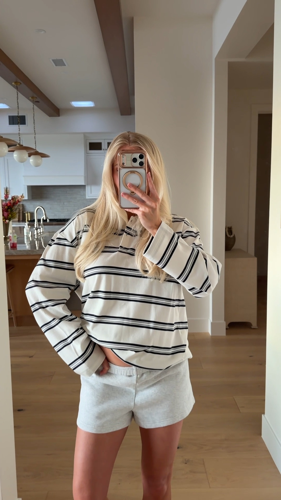 Wearing a medium in top (Lt Birch/ Dk Nght Nv - sized up for pregnancy), medium in short (heather cloud white), shoes run tts! #kathleenpost

Spring transition outfit, errands outfit, school drop off, school pick up, lunch look, casual comfy outfit, bump friendly, maternity look

#LTKootd #LTKSeasonal #LTKBump