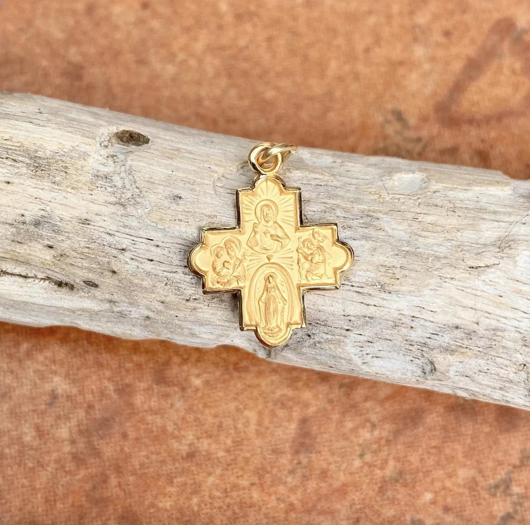 14KT Yellow Gold Matte Four Way Catholic Cross Medal Engraved Pendant Charm SMALL Scapular Crucif... | Etsy (US)