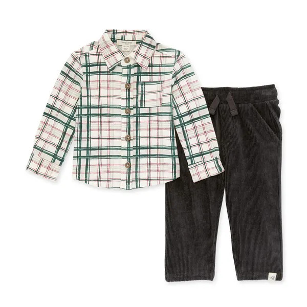 Plaid Button Down Top & Raised Rib Pant Set - 2 Toddler | Burts Bees Baby