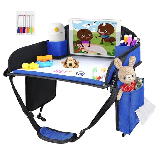 Kids Travel Tray, Kids Travel Trays for Car Seat, Road Trip Essentials for Toddler, Carseat Lap Tray with Dry Erase Board & Storage Organizer for Road Trip Activities for Kid, Blue | Amazon (US)