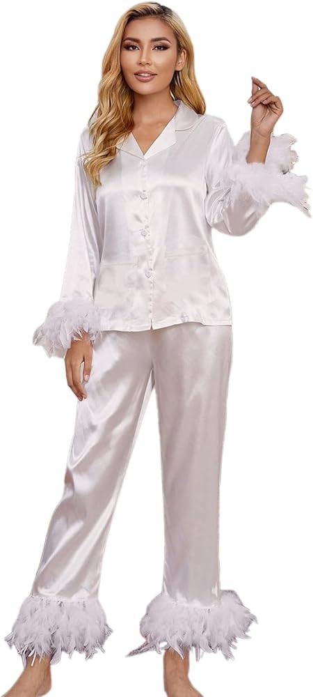 Women Long Sleeve Tops and Pants PJ Set Sleepwear with Feather Trim 2 Piece Pajamas Set Button Do... | Amazon (US)
