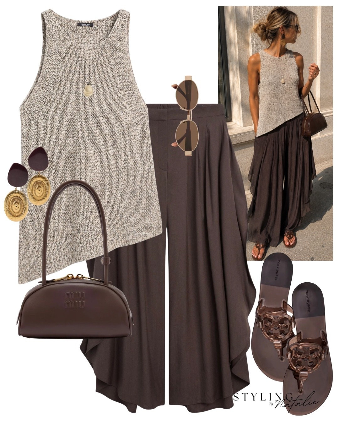 Knit asymmetrical top, flowy trousers with side vent, jelly sandals, Miu Miu bag, seashell accessories, Massimo Dutti style, high street, Tory butch, summer outfit, everyday style

#LTKsummer #LTKuk #LTKeurope