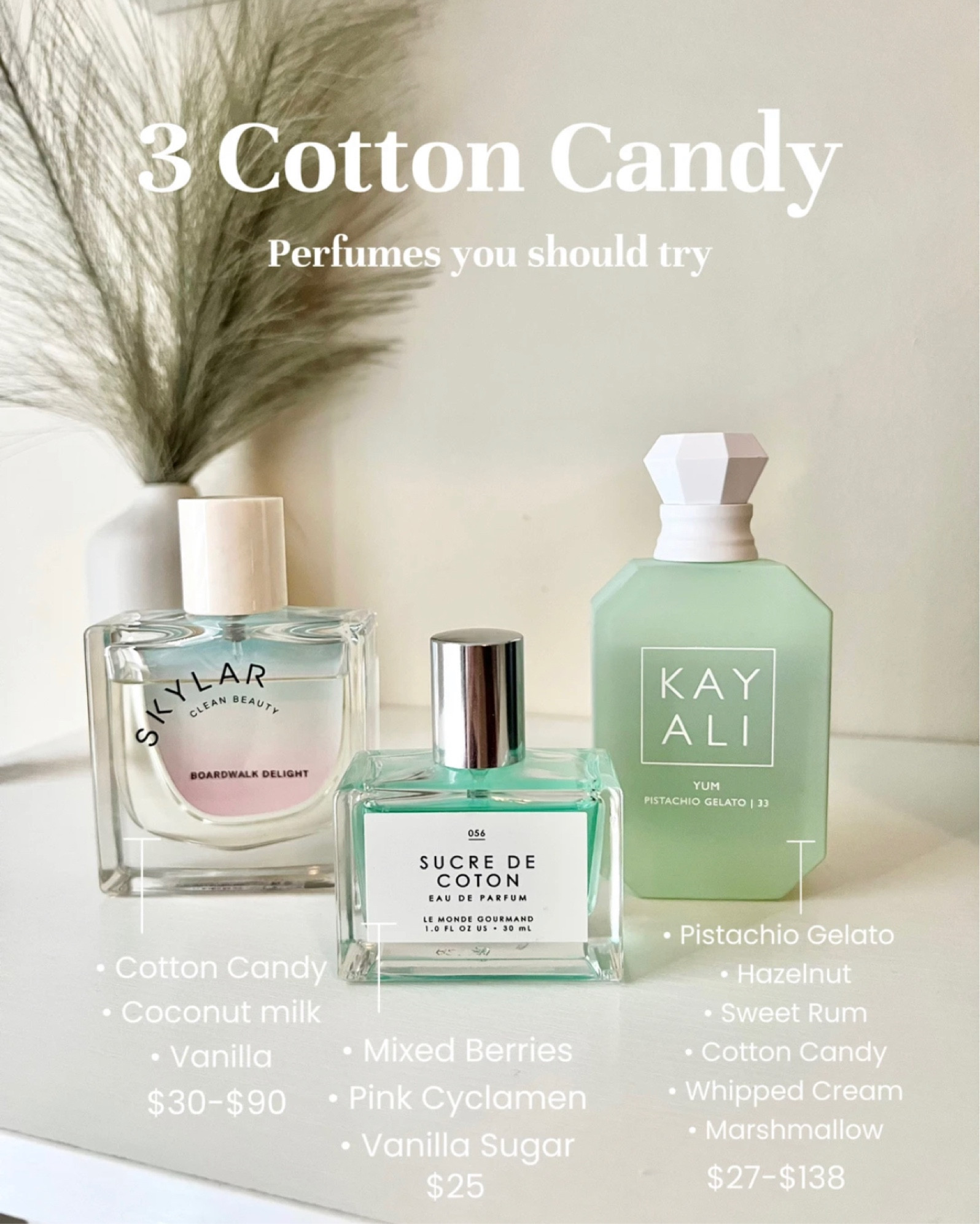 Skylar Boardwalk Delight is a creamy take on cotton candy. The coconut milk in the perfume makes it smooth and not overly sweet. 🥥 Le Monde Gourmond Sucre De Coton is super sweet cotton candy with berries. For the price it’s super strong and long lasting 🫐🍓 Kayali Yum Pistachio Gelato is fresh and nutty in the opening but dries down to a sweet creamy nutty pistachio gelato and cotton candy fragrance🍨🍭 

 #perfume #fragrance #perfumes #cottoncandy #selfcare #springscent #summer #fragrancecontentcreator #vanillaperfume  

#LTKbeauty #LTKFind #LTKunder50