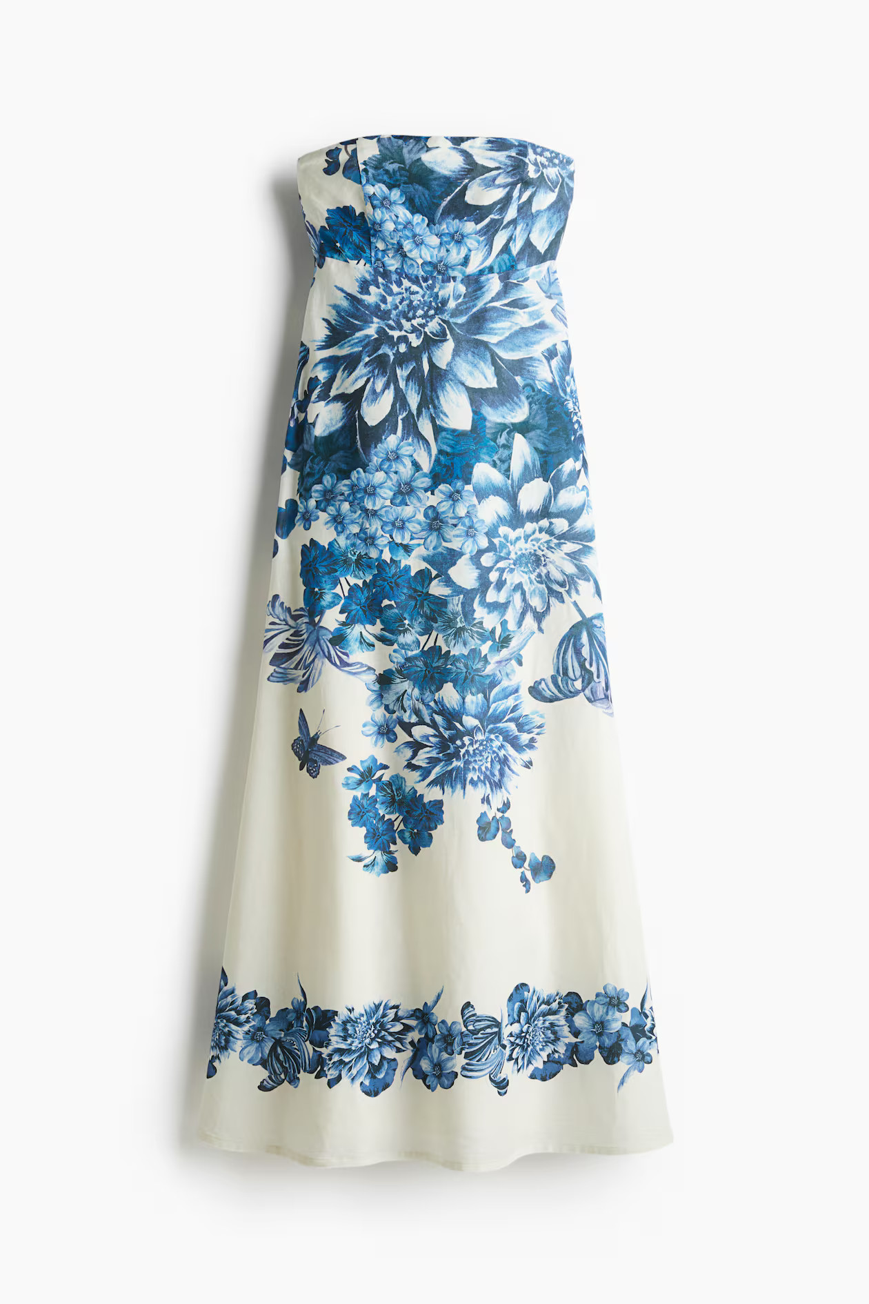 Linen-blend bandeau dress - Weiß/Blau geblümt - Ladies | H&M AT | H&M (DE, AT, CH, NL, FI)