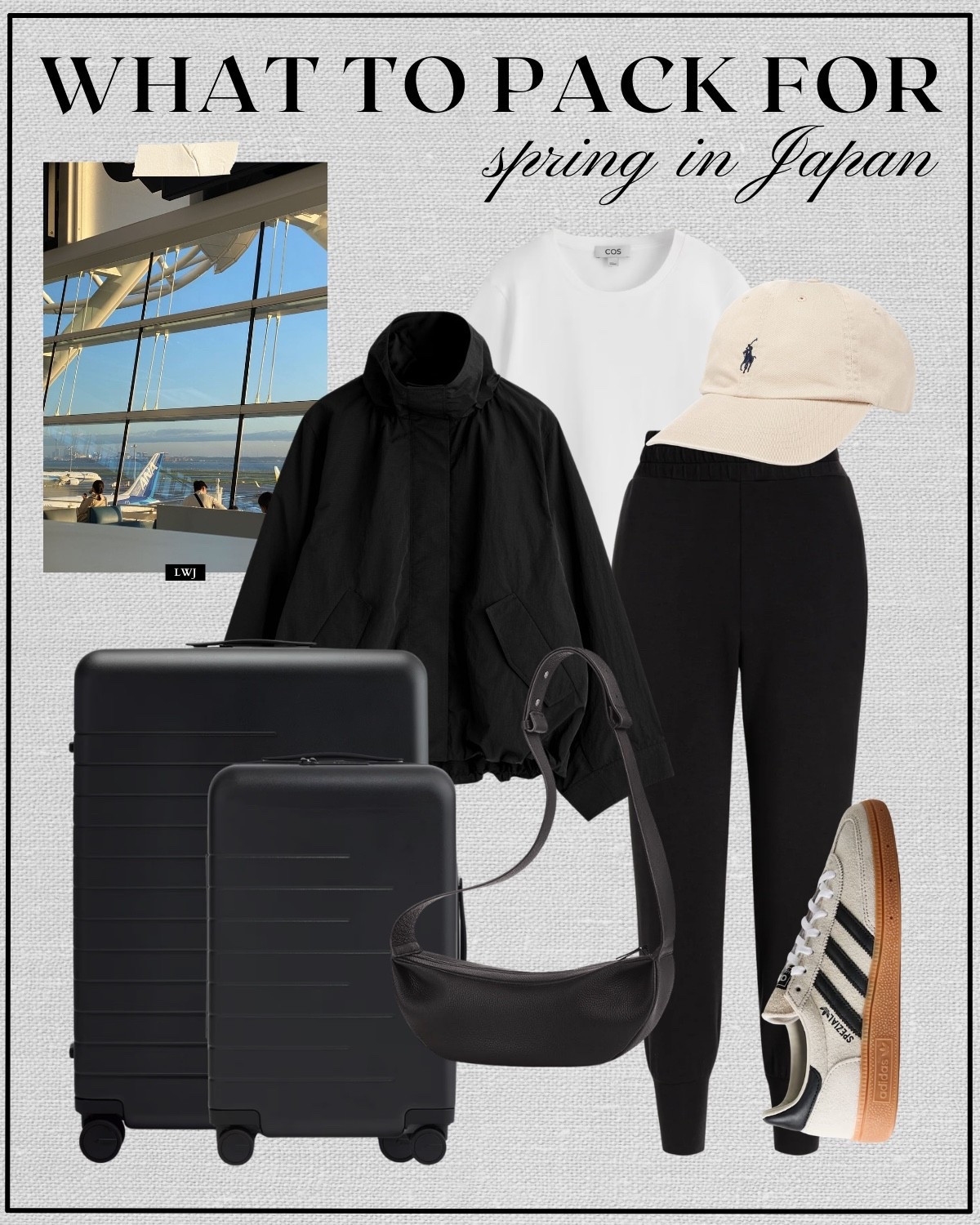 japan spring outfit 

spring travel / spring style / airport outfit / travel outfit / lightweight jacket cos / varley joggers / adidas handball spezial sneakers / polo ralph lauren hat / quince carry on suitcase / minimal leather crossbody 

 

#LTKSeasonal