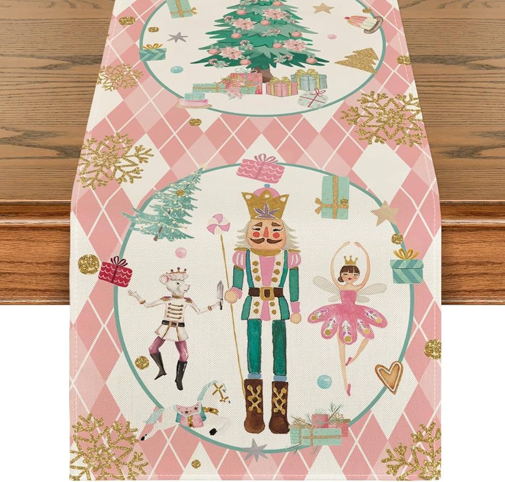 Amazon.com: Artoid Mode Pink Diamond Plaid Nutcracker Snowflake Christmas Table Runner, Seasonal ... | Amazon (US)