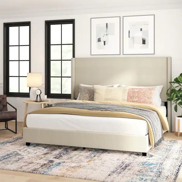 Modern Upholstered Platform Bed with Channel Stitched Headboard - Beige - King | Bed Bath & Beyond