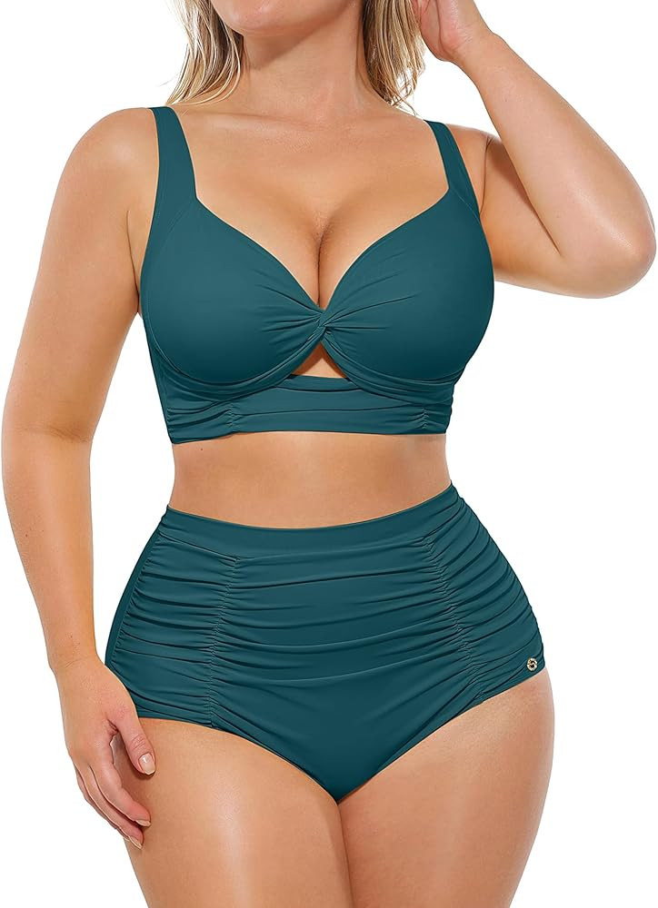 SHAPELLX High Waisted Bikini Tummy Control Two Piece Swimsuits for Women Ruched Bathing Suit Twis... | Amazon (US)