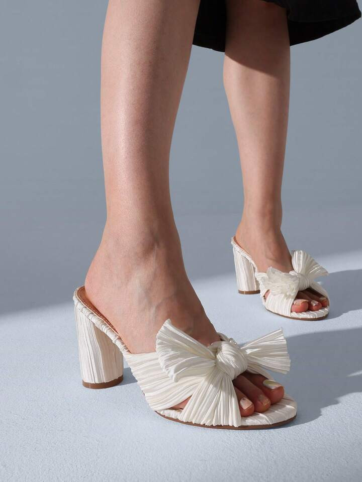 Womens Elegent Heeled Sandals Bow Knot Pleated Summer Sandal Open Round Toe Chunky Block Heel Sli... | SHEIN