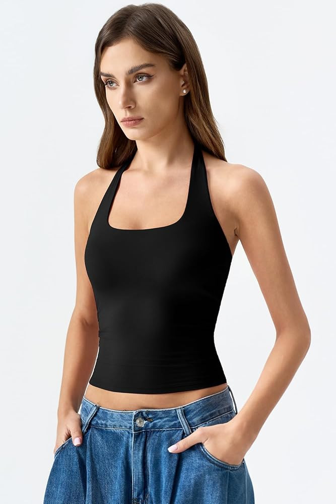 QINSEN Womens Halter Top Double Lined Tank Top Sleeveless Open Back Slim fit Going Out Tops | Amazon (US)
