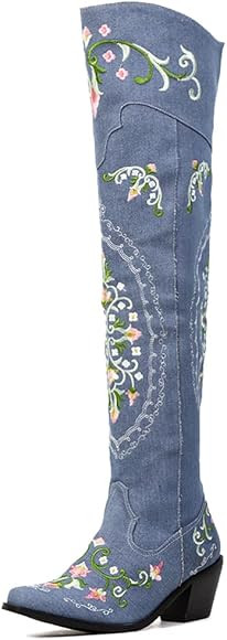 VOMIRA Knee High Boots for Women Pointed Toe Chunky Cork Heel Knight Boots Vintage Embroidery Cow... | Amazon (US)