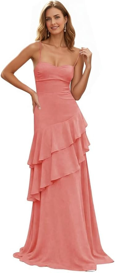 Tiered Ruffle Prom Dresses for Women Spaghetti Straps Chiffon Long Formal Evening Dress LF005 | Amazon (US)