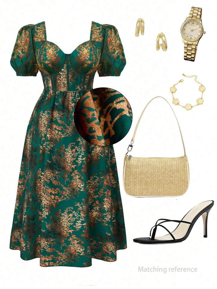 SHEIN LUNE Plus Floral Print Sweetheart Neck Puff Sleeve Dress | SHEIN