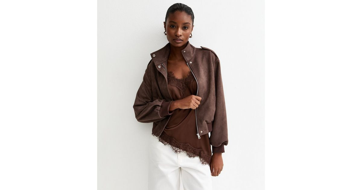 Brown Faux Suede High Neck Bomber Jacket | New Look | New Look (UK)