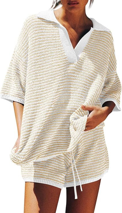 Tankaneo Womens Sweater Set 2 Piece Outfits Oversized 3/4 Sleeve V Neck Knit Tops High Waisted Sh... | Amazon (US)