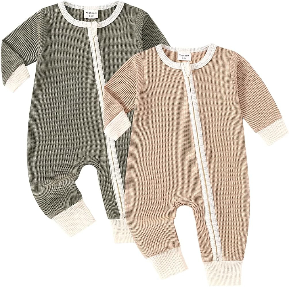 Baby 2 Pack Rompers Long Sleeve Waffle Two Way Zipper One-Piece Romper Cotton Jumpsuit Outfits | Amazon (US)