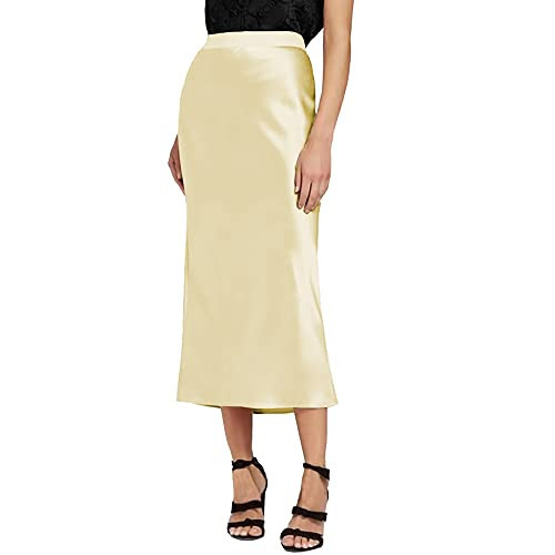 Ms.Jasmine High Elastic Waist Straight Skirt for Women Trendy Pull On Midi Length Satin Silk Solid Skirts Crescent Yellow | Amazon (US)