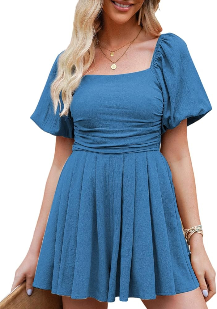 AlvaQ Women's Rompers Cute Puff Sleeve Elastic Summer Square Neck Casual Spring Mini Short Romper... | Amazon (US)