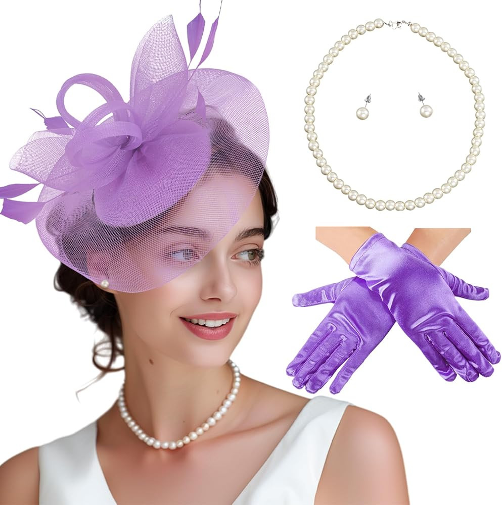 Fascinator Hats for Women Tea Party Hats and Gloves Pearl Jewelry Set Kentucky Derby Hat for Cock... | Amazon (US)