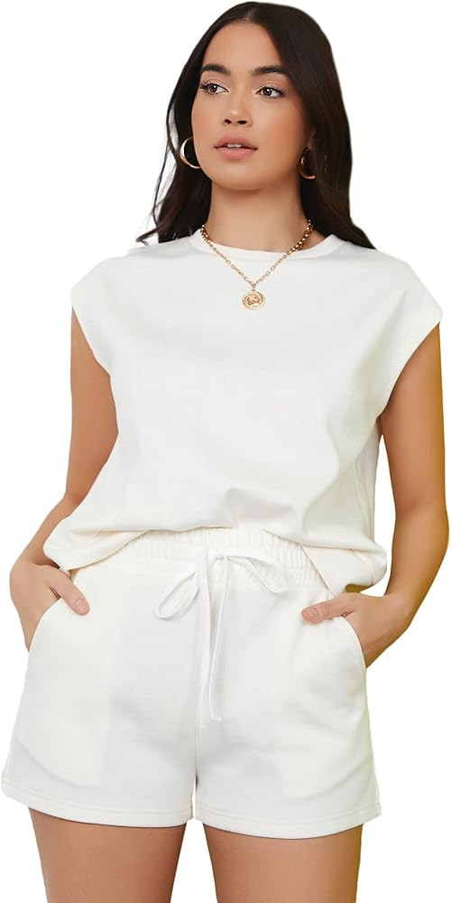 SheIn Women's 2 Piece Tracksuit Sleeveless Tank Tops Drawstring Track Shorts Set | Amazon (US)