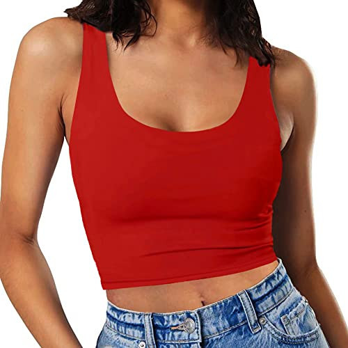 Women's Summer Sexy Basic Sleeveless Cropped Tank Scoop Neck Fitted Seamless Cute Crop Tops Red Large | Amazon (US)
