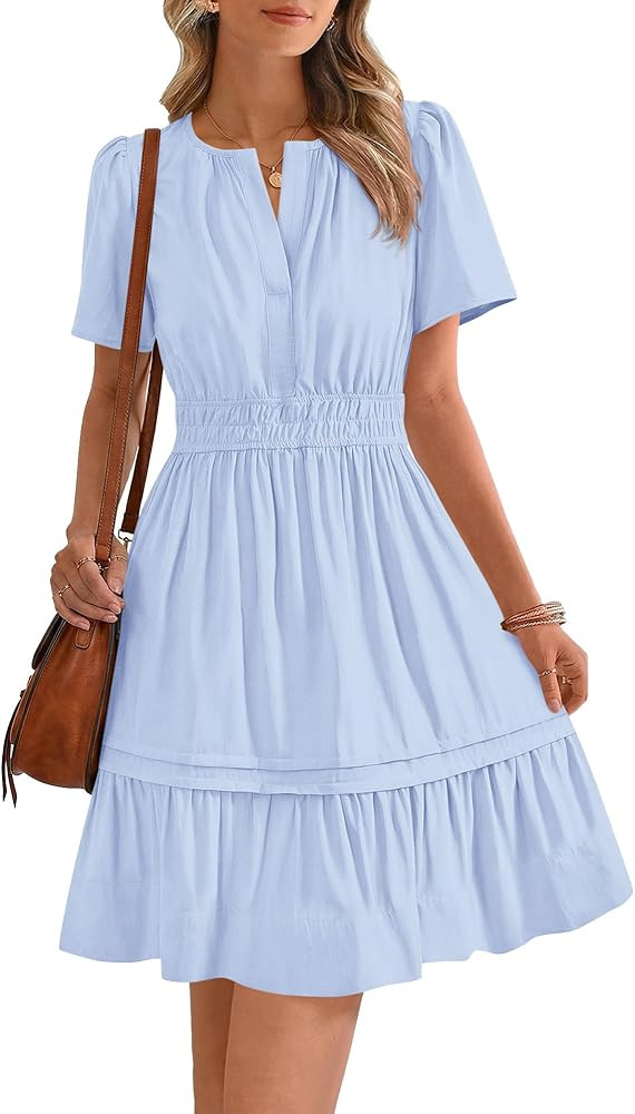 BTFBM Summer Dresses for Women 2026 Casual Boho Sundress Short Sleeve V Neck Ruffle A Line Beach ... | Amazon (US)