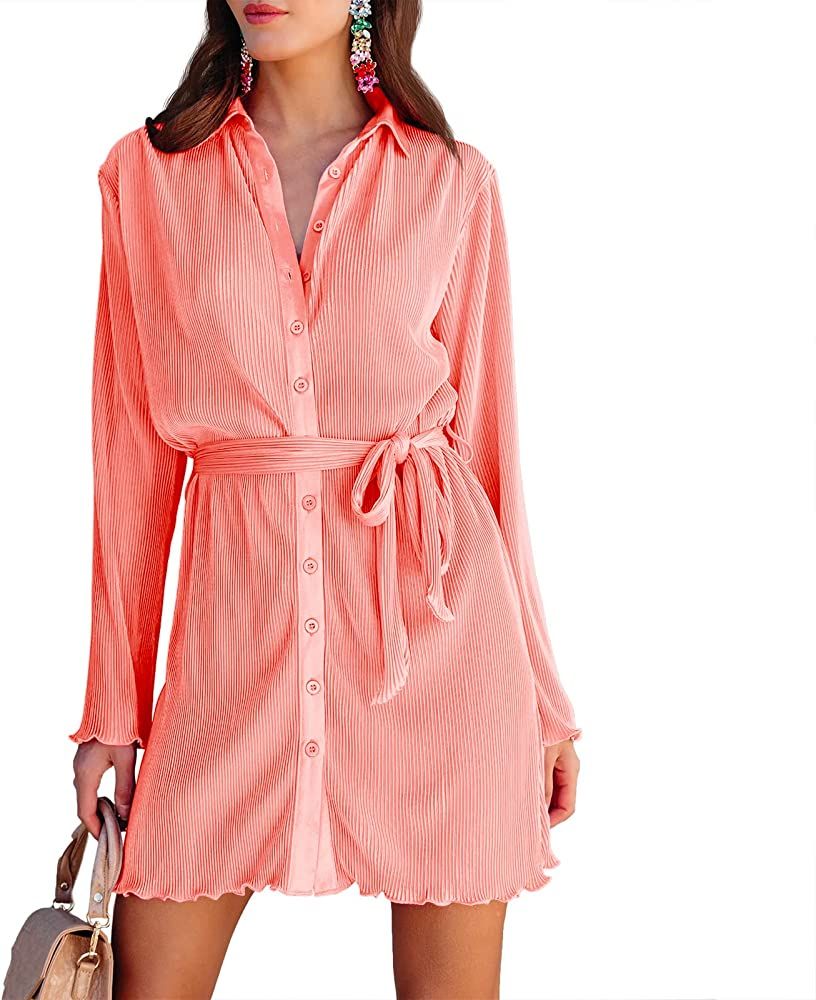 Neufigr Shirt Dresses for Women Summer Dresses Vneck Long Sleeve Mini Button Down Dress Casual Ru... | Amazon (US)