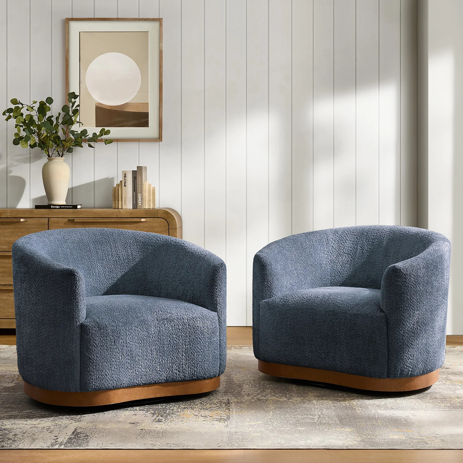 Berklie Modern Boucle Chenille Swivel Barrel Armchair with Ergonomic Backrest and Solid Wood Legs Set Of 2 | Wayfair North America