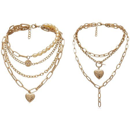 2Pcs/Set Statement Cool Punk Chunky Chain Layered Necklace for Women Girls Heart Shaped Photo Locket | Walmart (US)
