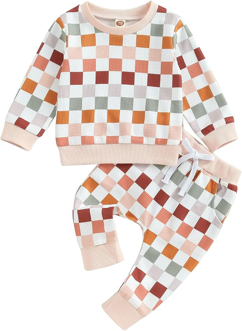 Karwuiio Toddler Baby Boy Girl Clothes Checkerboard Print Long Sleeve Sweatshirt Tops and Pants F... | Amazon (US)