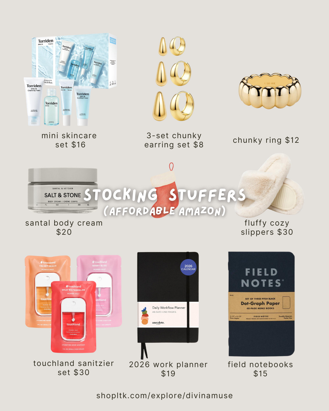 affordable amazon stocking stuffers under $30 - mini skincare, chunky jewelry (rings, earrings), santal sandalwood body cream, fluffy cozy home slippers, sanitizer sets, 2026 planner agenda for work, and field notes notebooks. all that a girl would love to have.  

 #LTKCyberWeek #LTKGiftGuide #LTKFindsUnder50