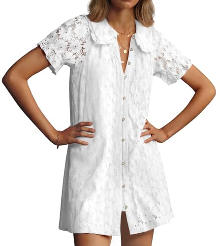 Wenrine Womens Summer Lace Mini Dress Casual Short Sleeve Peter Pan Collar Button Down Beach Vaca... | Amazon (US)