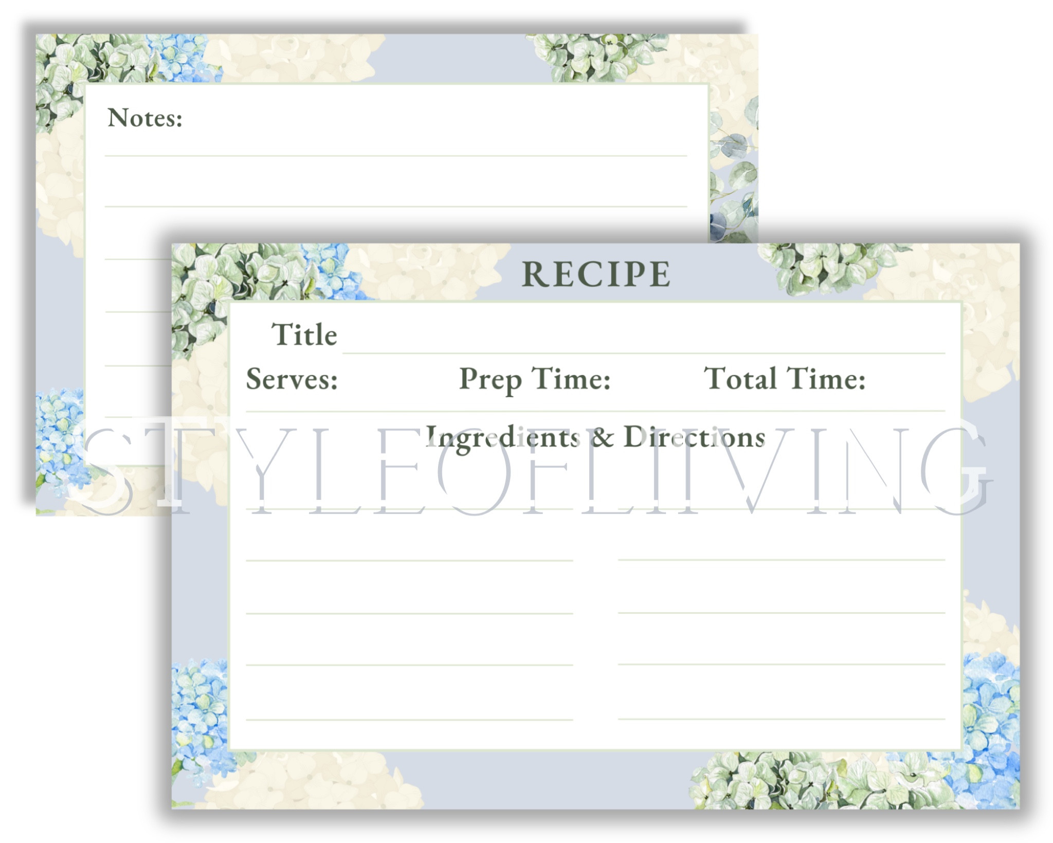 Etsy downloadable recipe cards by Style of Liiving! Instant download. Print from home or a professional print shop (recommended for better quality and they are able to print on front and back). Blue and white hydrangeas floral bouquets design. Summer kitchen recipe cards. Blank templates. Instant print stationery paper. 3 size options available. Download and print immediately after purchase!

#LTKGiftGuide #LTKHome #LTKSeasonal