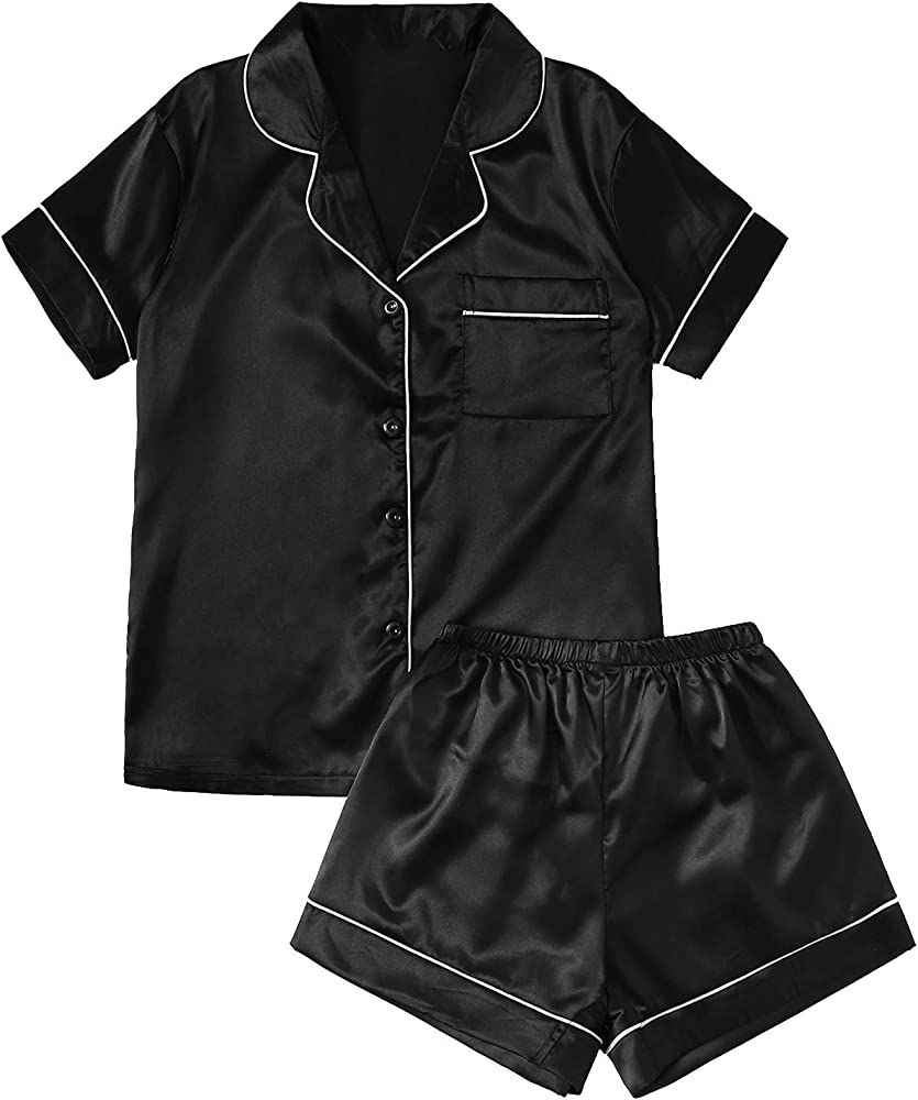 SweatyRocks Women's Short Sleeve Sleepwear Button Down Satin 2 Piece Pajama Set | Amazon (US)