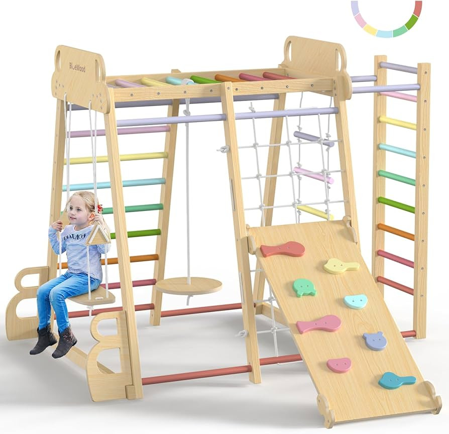 BlueWood Upgraded Indoor Jungle Gym 9-in-1 Playground Kids Climbing Toys, Waldorf Style Wooden Cl... | Amazon (US)