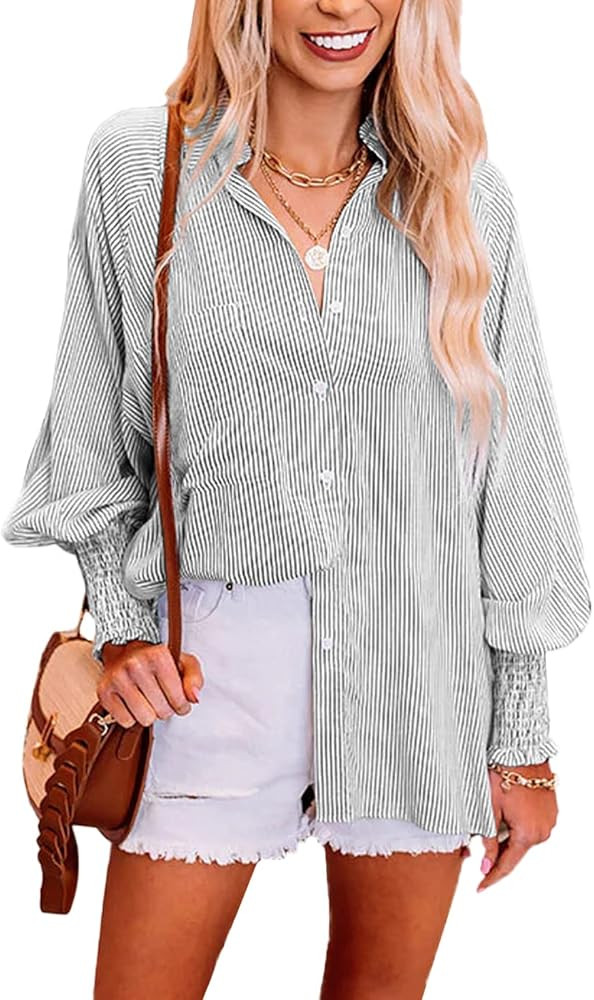 PRETTYGARDEN Women's Fall Button Down Shirts Blouse Long Sleeve Lapel Striped Casual Oversized Tops  | Amazon (US)