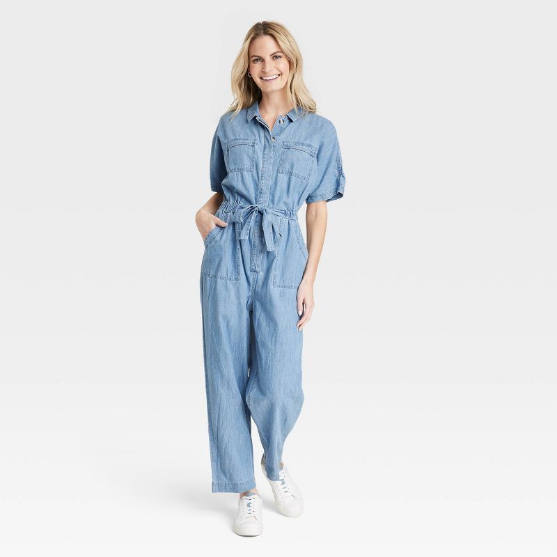 Women's Button-Front Short Sleeve Boilersuit - Universal Thread™ Indigo | Target